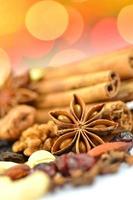 christmas spices, nuts, cookies and dried fruits on bokeh background