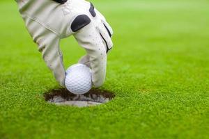 Man's hand putting golf ball into hole on green field photo
