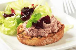 Toasted bread and pate with cranberry sauce photo