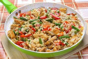 Fried chicken with rice and vegetables photo