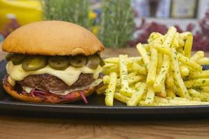 Gourmet hamburger and fries photo