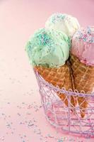 Cones of ice cream on pink background photo
