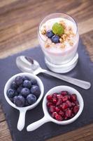 Delicious dessert with fruits and flakes photo