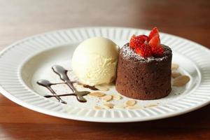 chocolate lava with vanilla ice cream with strawberry