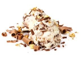 Scoops of ice cream with chocolate chips and nuts