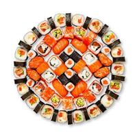 Set of sushi, maki, gunkan and rolls isolated at white photo