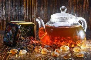 tea composition on a wooden background photo