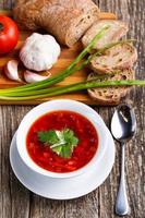 Borsch with bread on a wooden background. photo