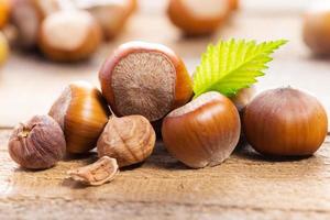 Hazelnuts on wooden background photo