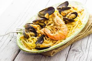 Spaghetti with prawns and mussels photo