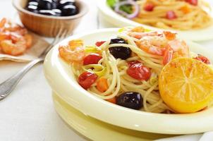 Seafood spaghetti pasta dish with shrimps