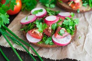 Italian tomato bruschetta with chopped vegetables, herbs and oil photo