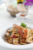 Spaghetti seafood in white plate photo