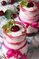 yogurt with ripe cherries in a glass jar closeup. vertical photo