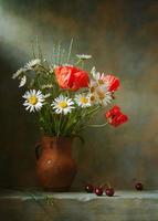 Still life with poppies in a vase sitting on a shelf photo