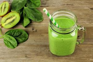Green smoothie in a jar downward view photo