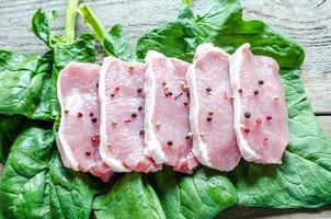 Raw meat steaks on spinach leaves