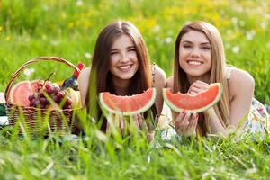 Two beautiful young women on a picnic photo