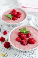 Raspberry semolina pudding with raspberries decorated with mint