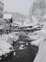 pueblo japonés de ginzan onsen en invierno foto
