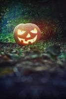 Glowing Pumpkin in the forest. Jack O Lantern for Halloween