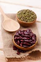 Dried red beans and green beans on a wooden bowl photo