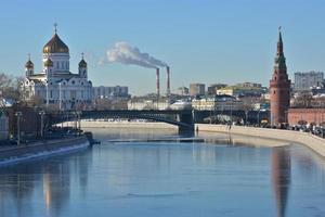 Moscow river,  Kremlin and Cathedral of Christ the Savior. photo