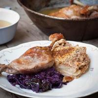 Roasted duck leg with side dish on a plate photo