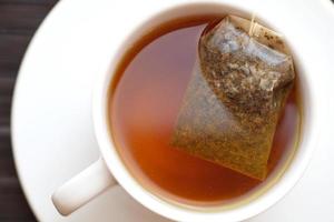 Cup of tea with pyramid teabag photo