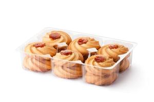 Biscuits with jam toppings in retail package photo