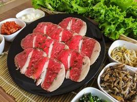 Food on Korean BBQ grill, meat and vegetable