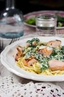 Pasta with salmon and creamy spinach sauce photo