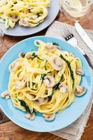 Fettuccine with spinach and mushrooms photo