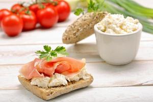 Sandwich with white cottage cheese and ham photo