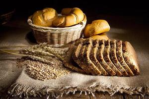Wheat, corn and bread photo
