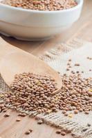 Organic lentils with wooden false on burlap background photo