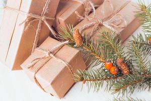 Gift boxes with ribbons and christmas decor