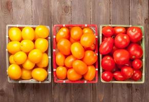 Colorful tomatoes on wooden table photo