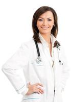 Happy smiling female doctor, over white photo