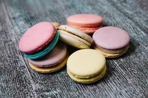 French colorful macarons on wood table