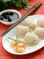 Asian steamed meat dumplings dim sum with soy sauce photo