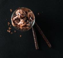 Chocolate ice cream with wafer sticks, view from above photo