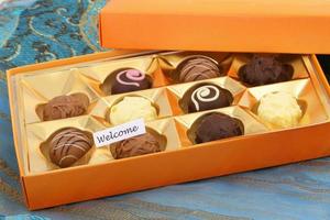 Welcome card with box of assorted chocolates