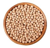 Uncooked chickpeas in wooden bowl on white background
