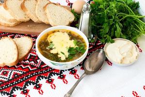 Green sorrel soup with egg in plate