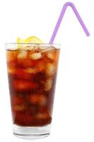 Cola drink with ice cubes and sliced lime. photo