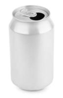 Opened aluminum soda can on white