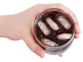 above view of hand holding cola with ice in glass photo