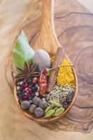 Wooden spoon with assortment of spices photo
