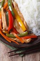 Asian food chicken with rice noodles macro vertical top view photo